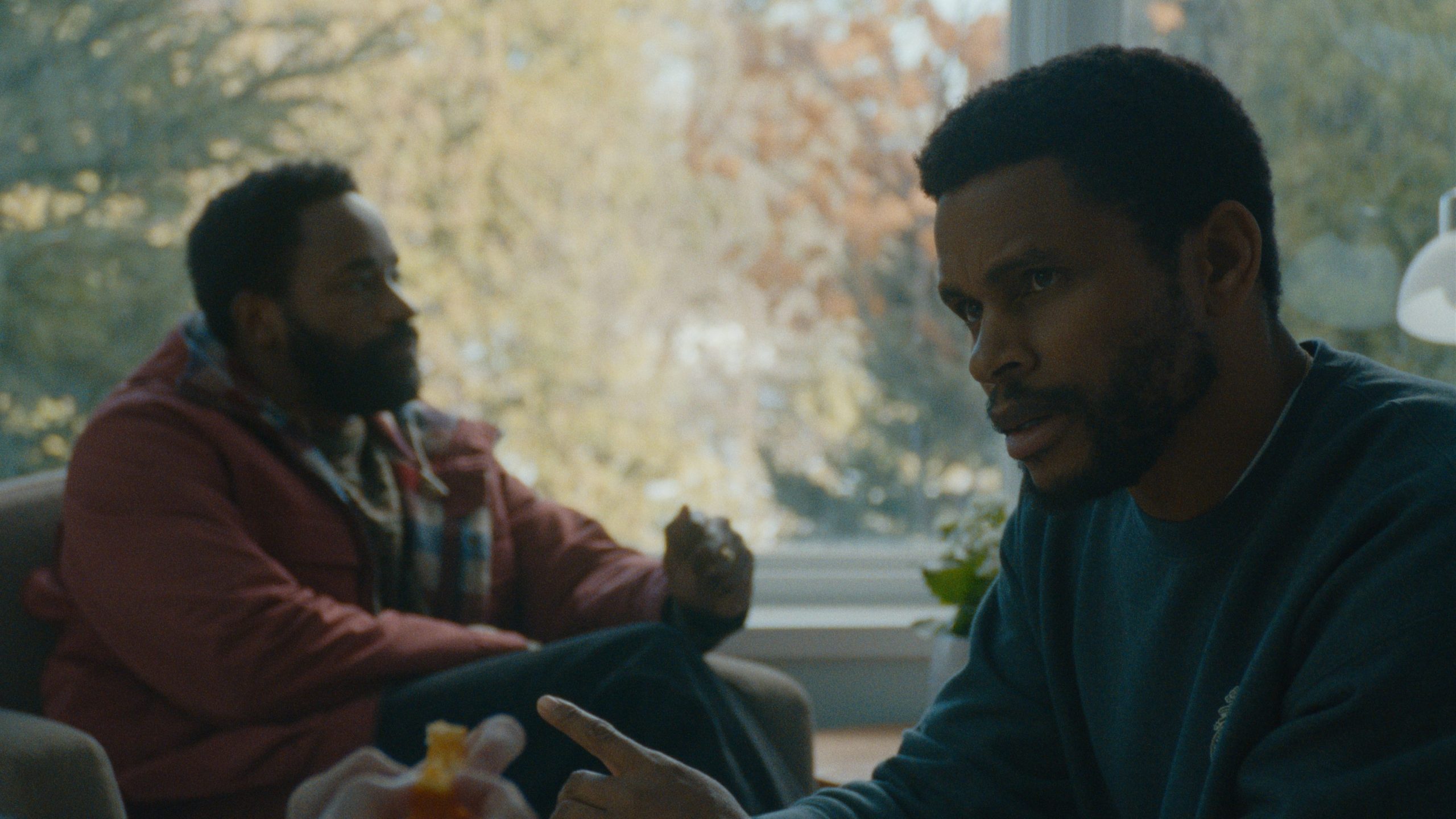 "Two men sitting indoors by a large window with trees outside, engaged in a serious conversation. One man wears a red jacket with a scarf, the other a dark sweater, both in a warmly lit, calm setting."