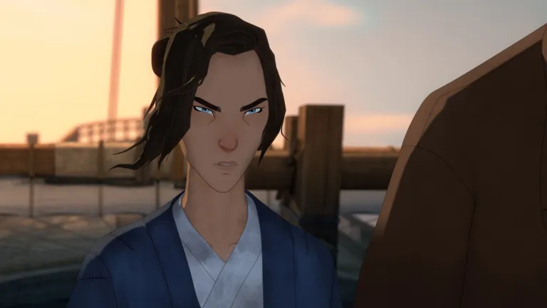 "Animated person with blue eyes and brown hair in a blue robe, standing outdoors on a dock at sunset, looking intensely forward; another figure partially visible on the right."